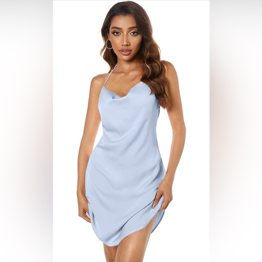 Light blue satin dress with pearl beaded halter strap!